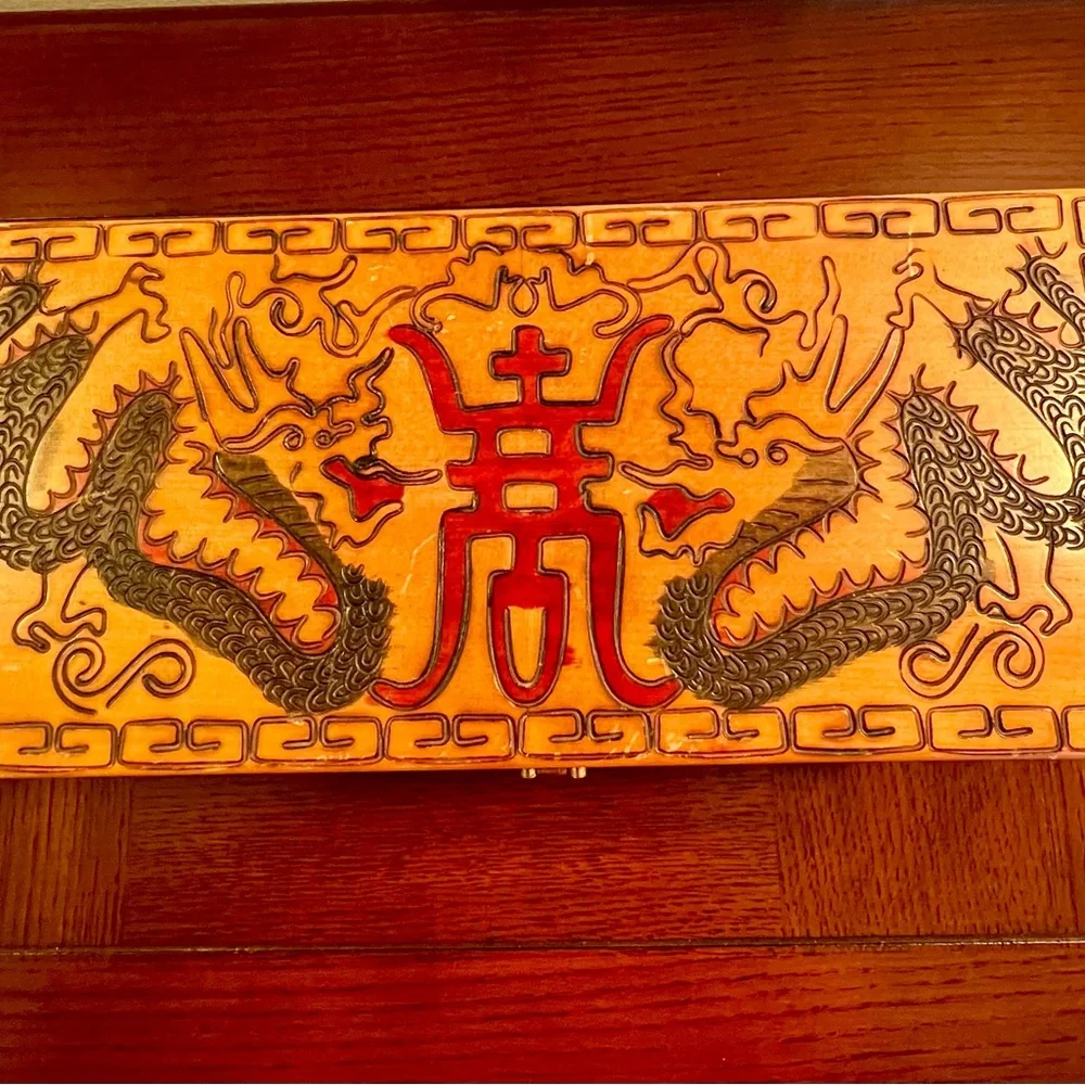 Vintage Asian‎ Theme Jewelry/Music Box Carved Dragons Red Velvet Lining Mirrored